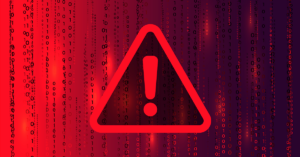 Warning sign with a background of red and dark purple binary numbers in vertical lines across image